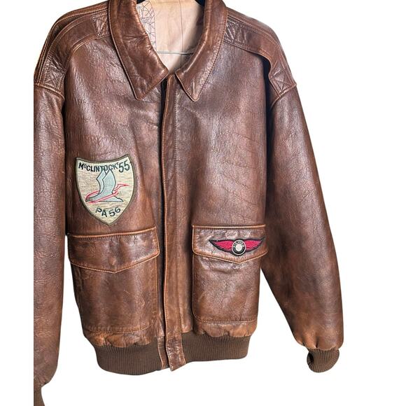 Men’s Vintage Leather Bomber Jacket Size Brown Map Lined Aviator Flight 23 ptp